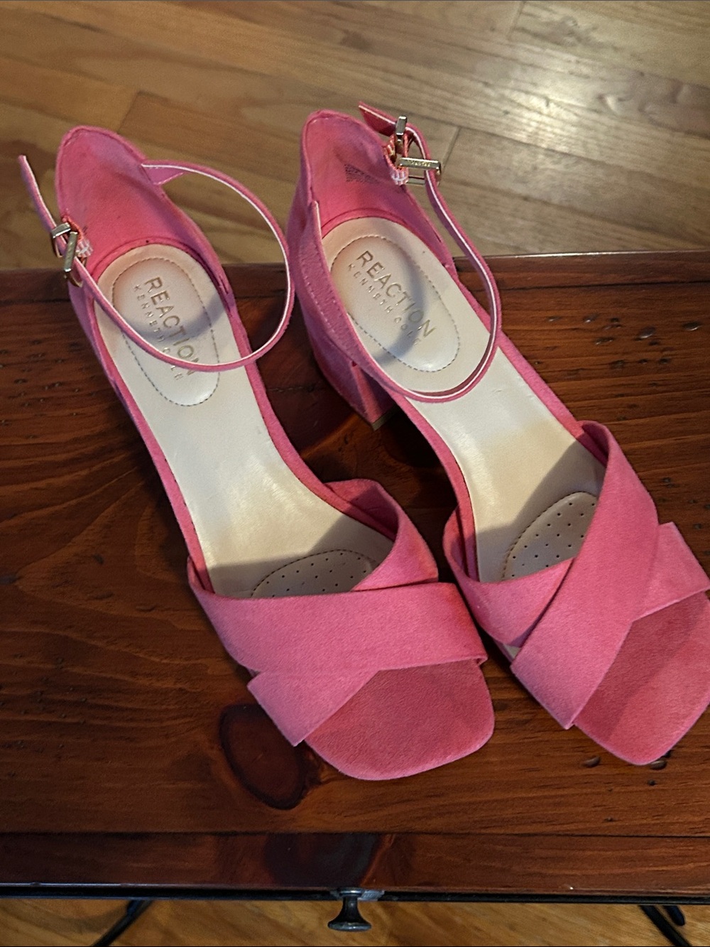 Reaction Kenneth Cole Bright Pink Suede Block Heel Sandals with Ankle Strap